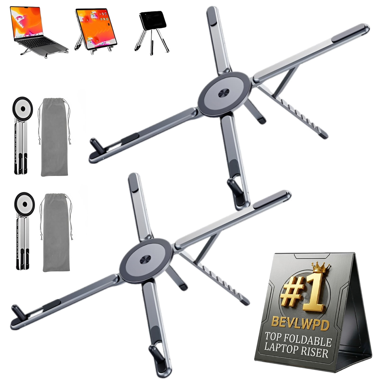 3-in-1 Magnetic Foldable Laptop Stand Portable Adjustable Computer Riser for Desk Integrated Folding Desktop Phone Holder Aluminum Tablets Collapsible Lying down Multi-angle Support