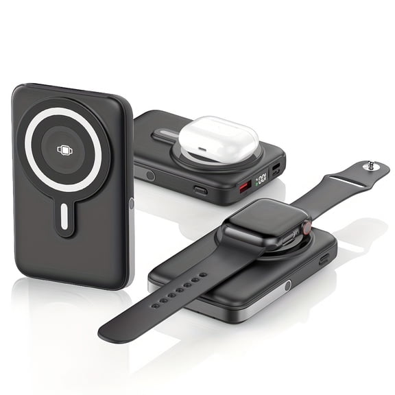 3-in-1 Magnetic Power Bank 20000mAh with Digital Display & Stand, Portable Charger for Phone/Watch/Headphones, Travel-Friendly, Airline Approved (Black)