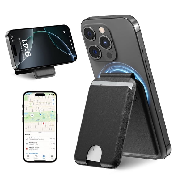 3-in-1 Magnetic Wallet Stand Compatible with MagSafe and Apple Find My Network, Smart Phone Card Holder with Adjustable Kickstand, Black