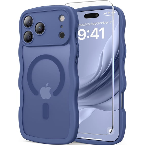 3 in 1 Magnetic Wavy Case for iPhone 17 Pro Max 6.9", Matte Protective Case with Screen Protector and Wrist Strap,Deep Blue