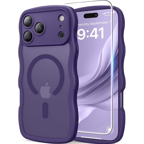 3 in 1 Magnetic Wavy Case for iPhone 17 Pro Max 6.9", Matte Protective Case with Screen Protector and Wrist Strap,Deep Purple