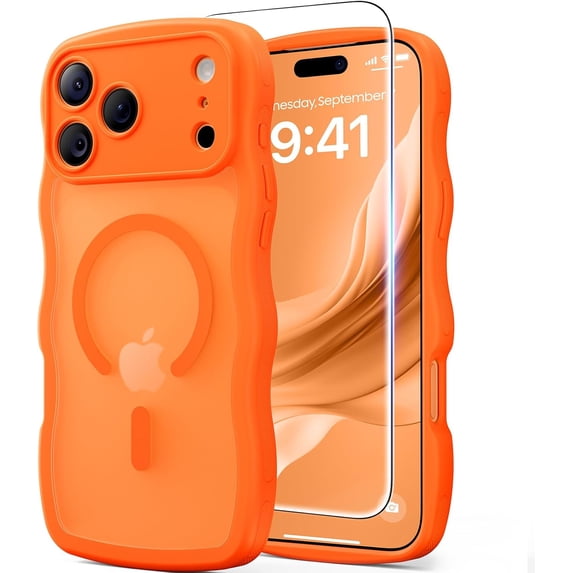 3 in 1 Magnetic Wavy Case for iPhone 17 Pro Max 6.9", Matte Protective Case with Screen Protector and Wrist Strap,Orange