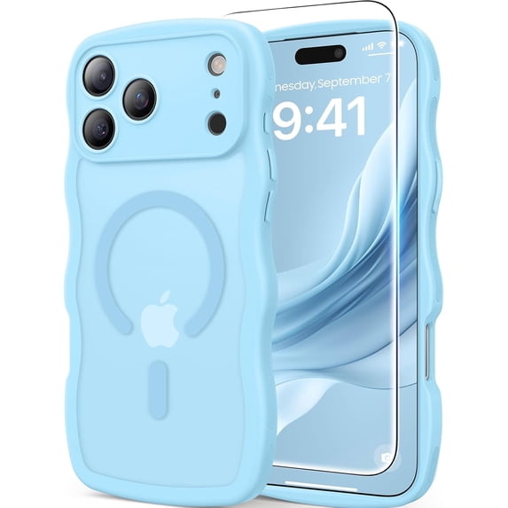3 in 1 Magnetic Wavy Case for iPhone 17 Pro Max 6.9", Matte Protective Case with Screen Protector and Wrist Strap,Sky Blue