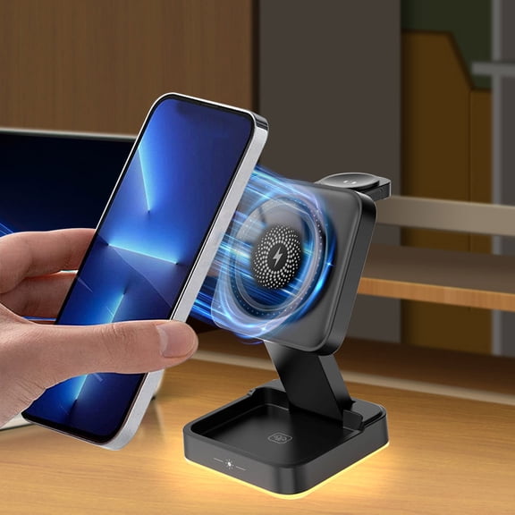 3-in-1 Magnetic Wireless Charger - 15W Fast Charging Stand for iPhone/Samsung/AirPods, Foldable, LED Indicator, Travel-Friendly