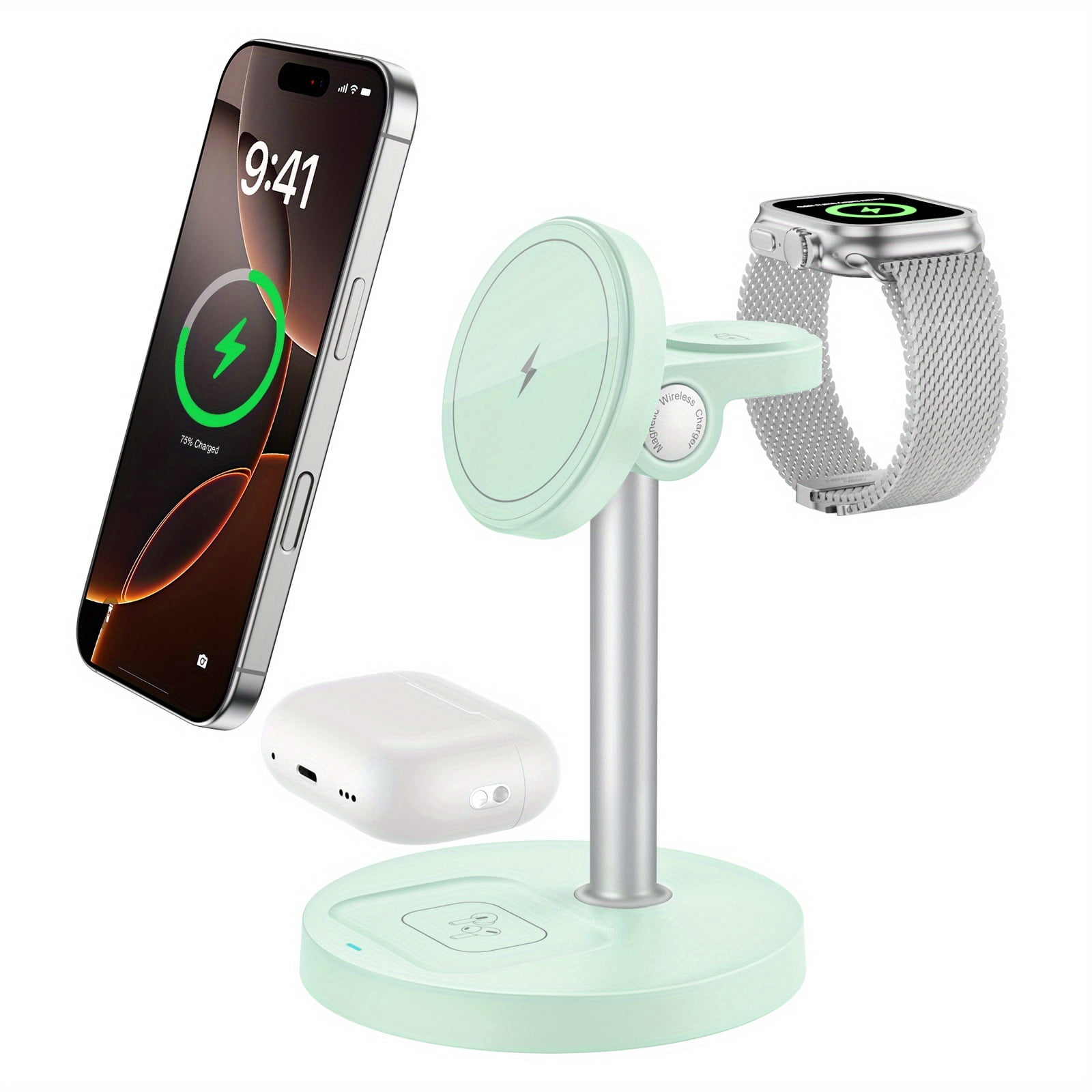 3-in-1 Magnetic Wireless Charger Stand: 15W Fast Charging for iPhone 16/15/14/13/12, Apple Watch & AirPods | Adjustable, Heat Dissipation, Strong Magnetic Grip, Dopamine Colors