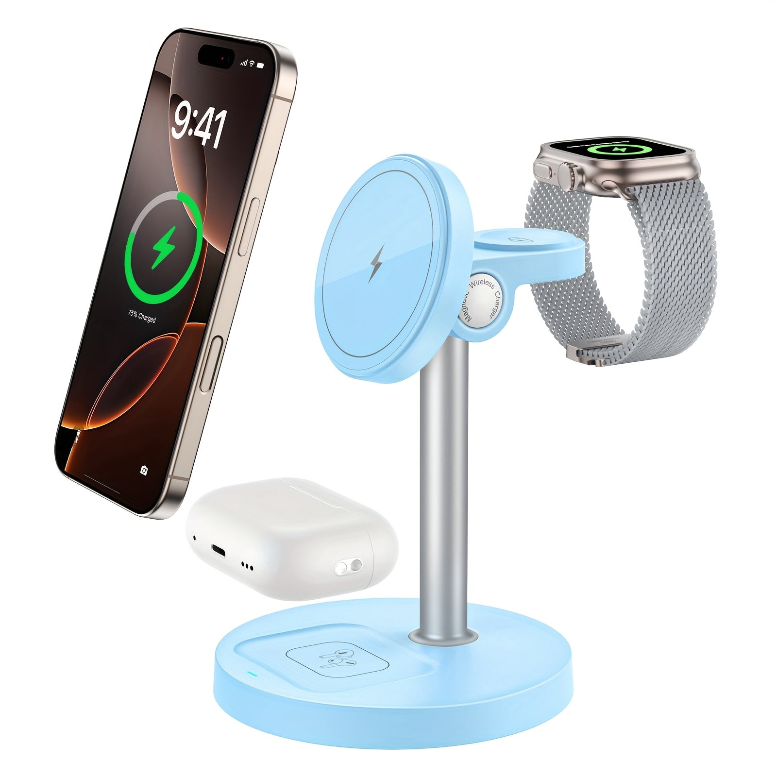 3-in-1 Magnetic Wireless Charger Stand: 15W Fast Charging for iPhone 16/15/14/13/12 Series, Apple Watch & AirPods, with Adjustable Design & Cooling