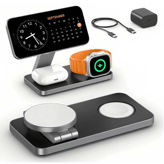 AILENBLE 3 in 1 Magnetic Wireless Charger Station Foldable Travel Charging Stand for iPhone Apple Watch AirPods 20W, Black