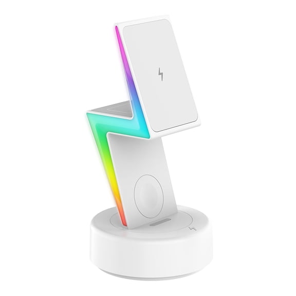 3-in-1 Magnetic Wireless Charger Station for Smartphones Smartwatches & Earbuds, 20W Fast Charging With Smart Safety Protection Ambient Lighting-White