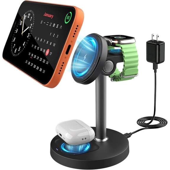 3-in-1 Magnetic Wireless Charging Station, 15W Fast Stand for iPhone 15/14/13/12 Series, Apple Watch & Earbud, 360 Adjustable Foldable Desktop Dock