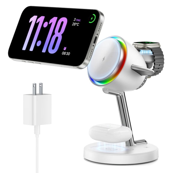 3 in 1 Magnetic Wireless Charging Station, Fast Charging Dock Compatible for iPhone Apple Watch AirPods, Airplane Shaped Charger White
