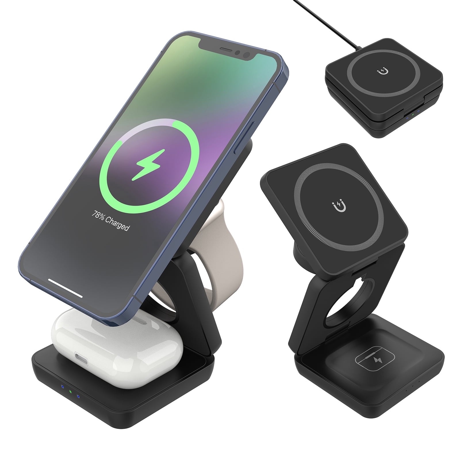 3-in-1 Magnetic Wireless Charging Station, Foldable Fast Charger Stand ...