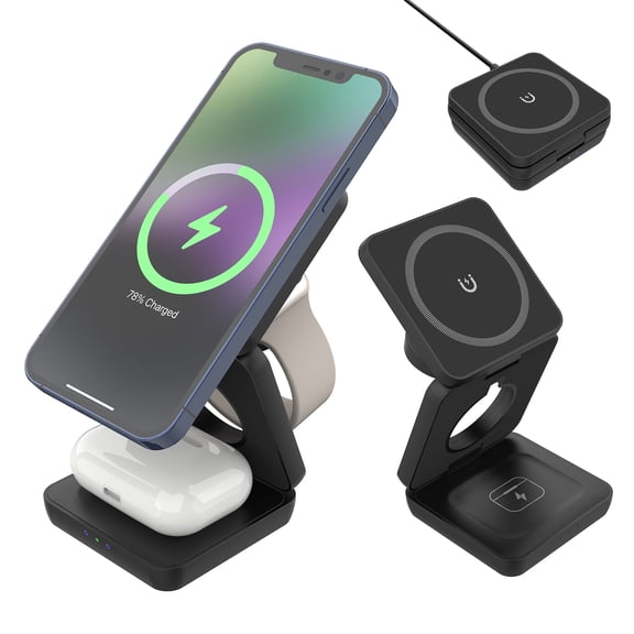 3-in-1 Magnetic Wireless Charging Station, Foldable Fast Charger Stand for Magnetic Phones, Android, Watch & Earbuds