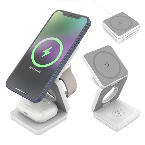 3-in-1 Magnetic Wireless Charging Station, Foldable Fast Charger Stand for Magnetic Phones, Android, Watch & Earbuds
