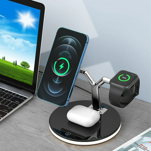 ​3-in-1 Magnetic Wireless Charging Station with LED Night Light - 15W Fast Charger for iPhone/Samsung - Foldable Stand for Phone, Watch & Earbuds (5.5", 9V/12V Adapter Not Included)​​ Black