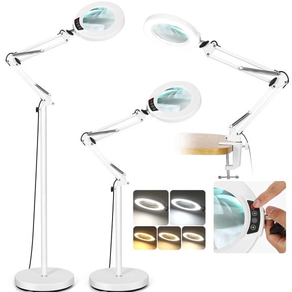 Magnifying Glass with Light and Stand, 3-in-1 Adjustable Swing Floor Lamp, 5 Color Modes Stepless Dimmable, LED Lighted Hands Free Magnifier & Clamp for Reading, Crafts, Painting - White