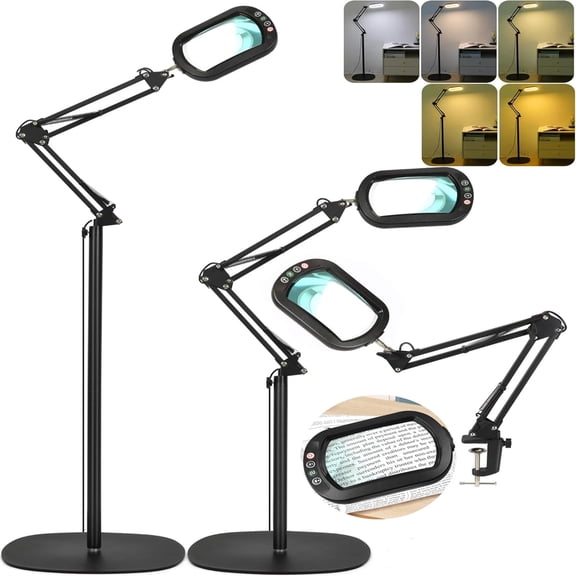 3-in-1 Magnifying Glass with Light and Stand, Real Glass, 5 Color Modes Stepless Dimmable Arm Swing LED Floor Lamp, Hands-Free Lighted Magnifier for Reading Painting Craft Close Work