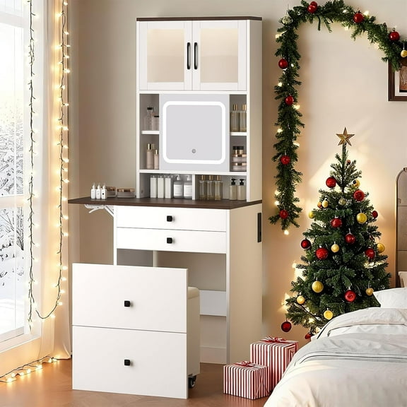 3-in-1 Makeup Vanity Desk, Compact Vanity with 3 Drawers, Corner Vanity Desk with Flip-Up 3-Color Lighting Mirror & Side-Mounted Power Strip, White Vanities Nightstand Perfect for Bedroom