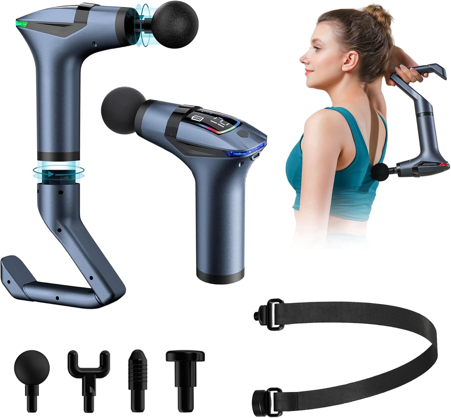 3-in-1 Massage Gun Extended Handle & Belt with 12 Speed Levels & 4 Replaceable Heads for Athletes, Gym Recovery and Seniors Back Pain, Back Massage Belt & Extended Handle Deep Tissue Massage
