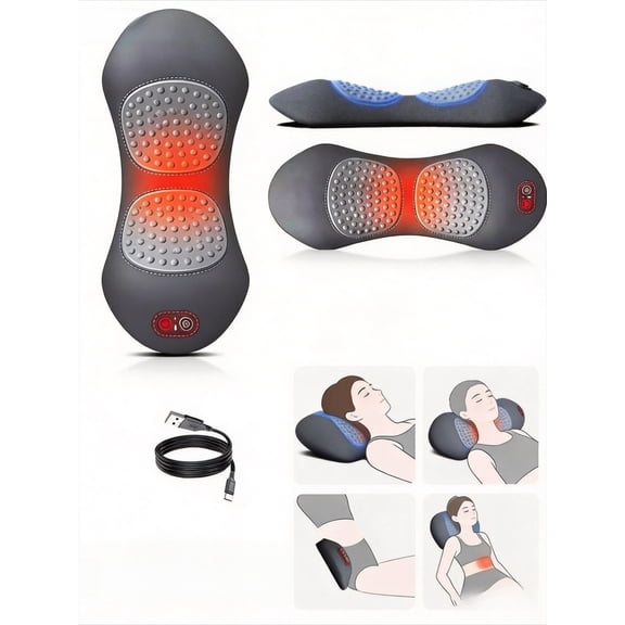 3-in-1 Massager Lumbar Support Pillow, Electric Back Massager with Heat, Vibration & Traction, Adjustable Height Ergonomic Memory Foam Wedge