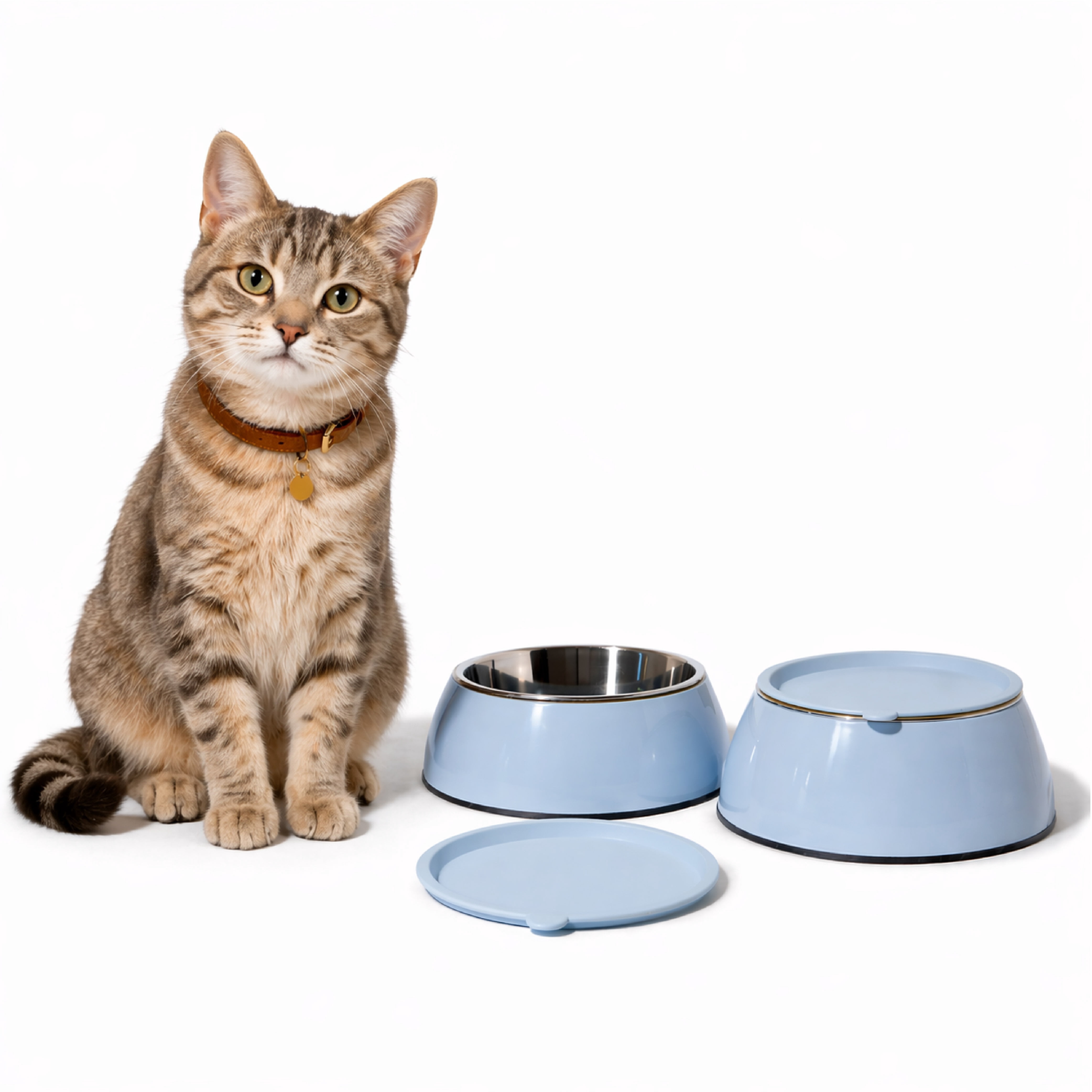 Martha Stewart 3 in 1 Melamine Cat Bowl Set with Lid Medium Blue for Large and Extra Large Cats