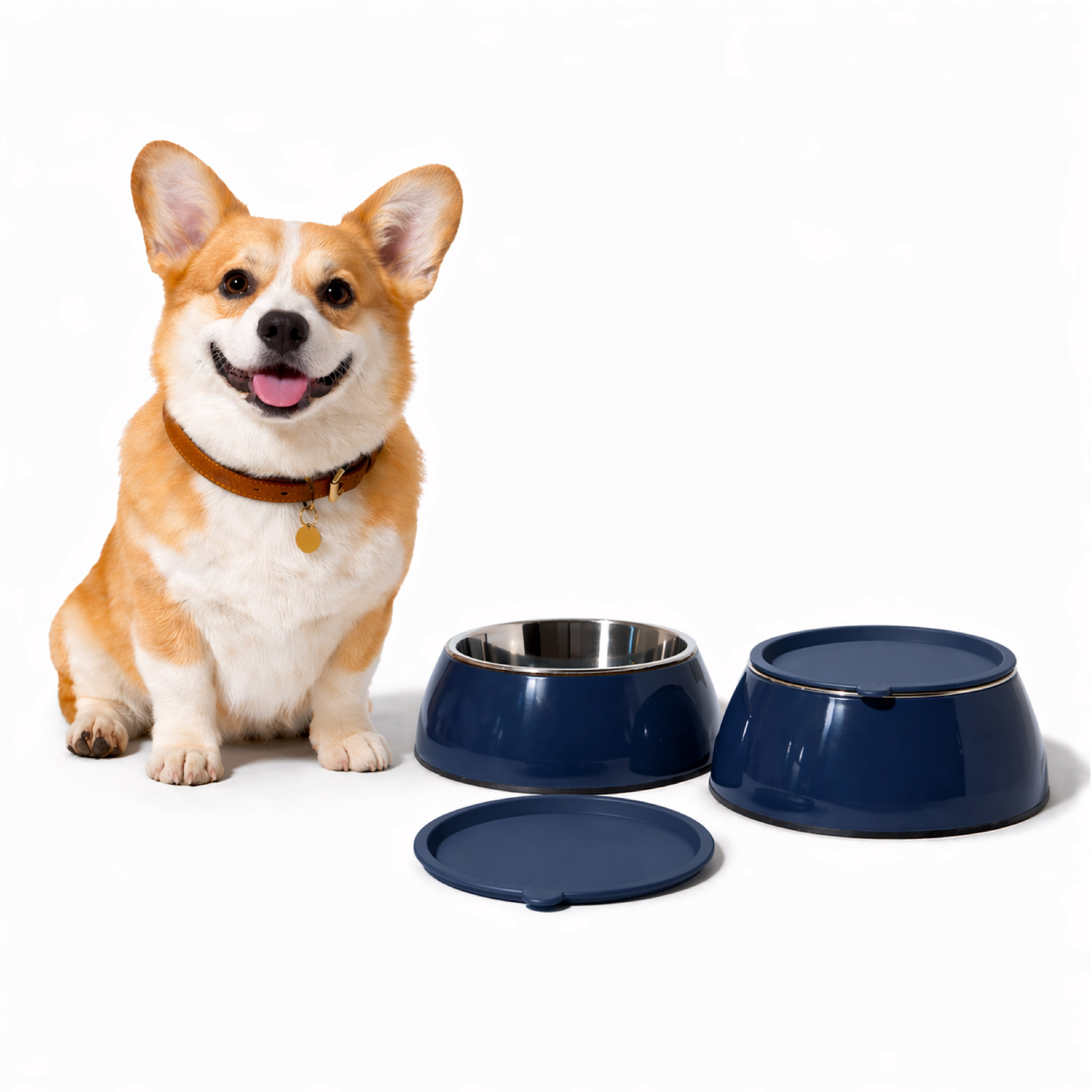Martha Stewart 3 in 1 Large/X-Large Melamine Dog Bowl Set with Lid Navy
