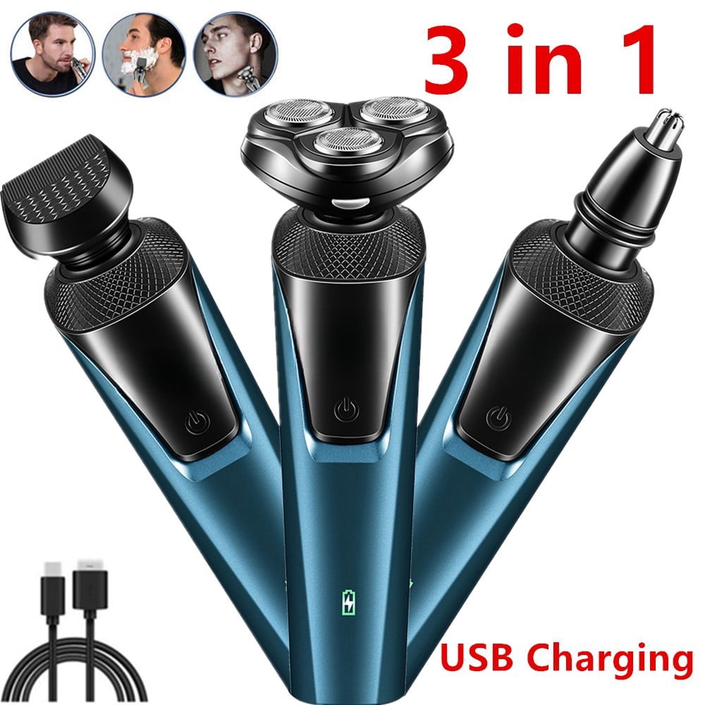 3 in 1 Men's Professional Multi-function Cheek Beard Trimmer Men Nose Hair Cutting Barber Shaver Machine USB Rechargeable, Blue