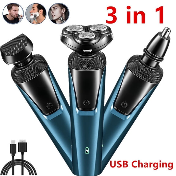 3 in 1 Men's Professional Multi-function Cheek Beard Trimmer Men Nose Hair Cutting Barber Shaver Machine USB Rechargeable, Blue