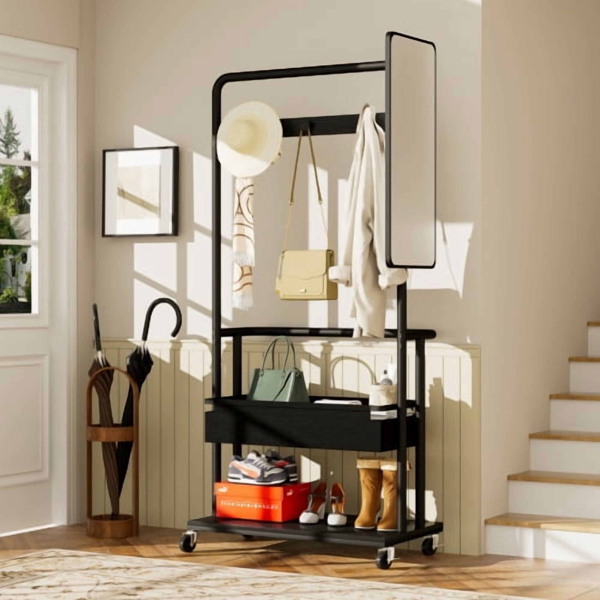 3-in-1 Metal Coat Rack with Casters, Rolling Garment Rack with Mirror & Storage Basket, Heavy Duty Hanging Clothes Rack on Wheels, Black