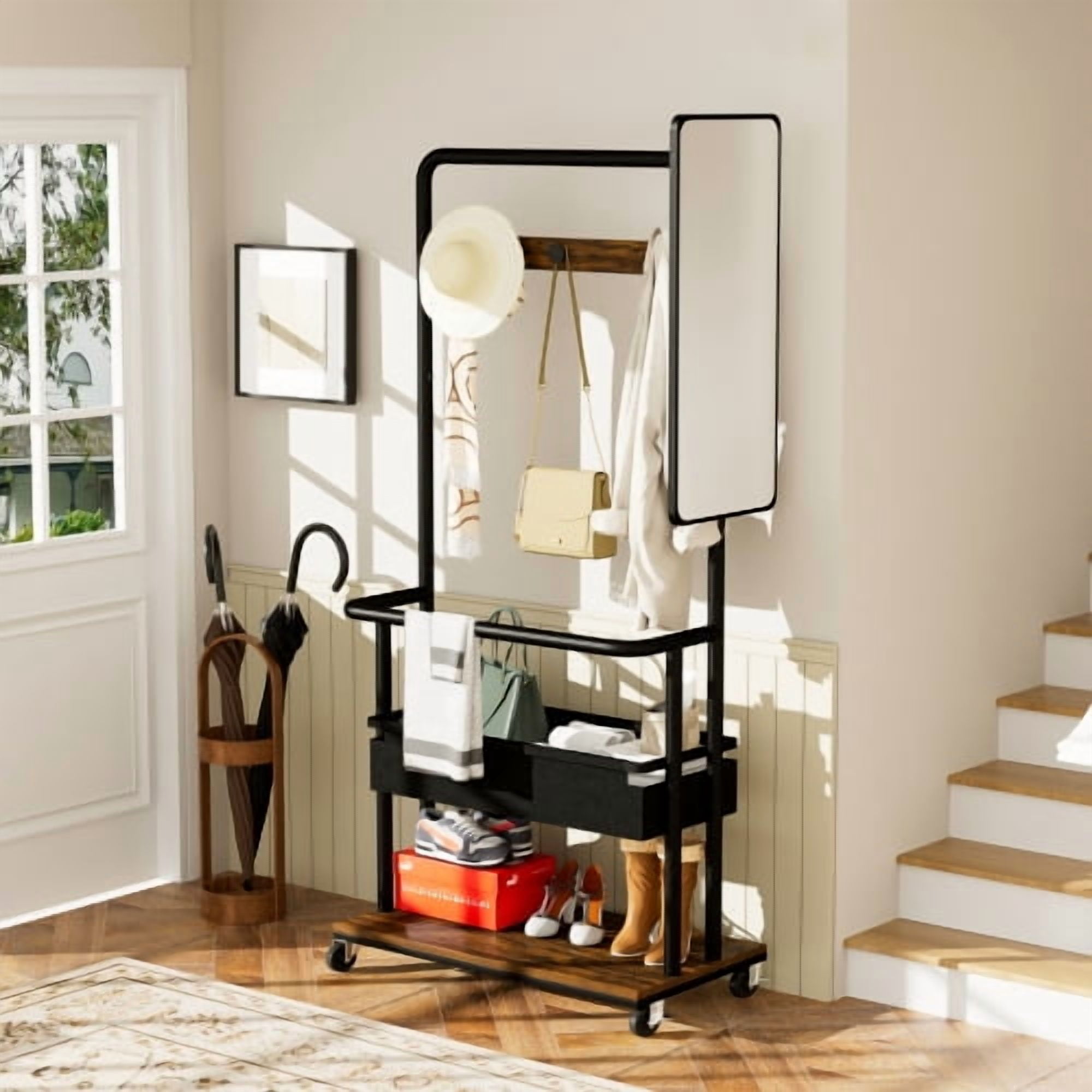 3-in-1 Metal Coat Rack with Casters, Rolling Garment Rack with Mirror & Storage Basket, Heavy Duty Hanging Clothes Rack on Wheels, Rustic Brown