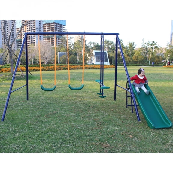 3-in-1 Metal Swing Set with Slide Belt Swing and Glider Heavy-Duty A-Frame Backyard Playground for Kids 3 Seats 73" Height