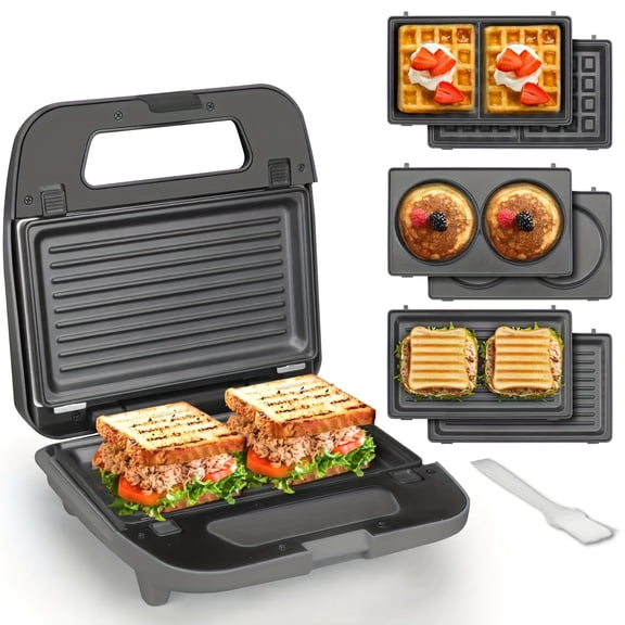 3 in 1 Mini Belgian Waffle Maker, Aqua, 3 Removable Plates for Pancake/Grilled Cheese/Breakfast Sandwich, Multifunctional Breakfast Maker Machine