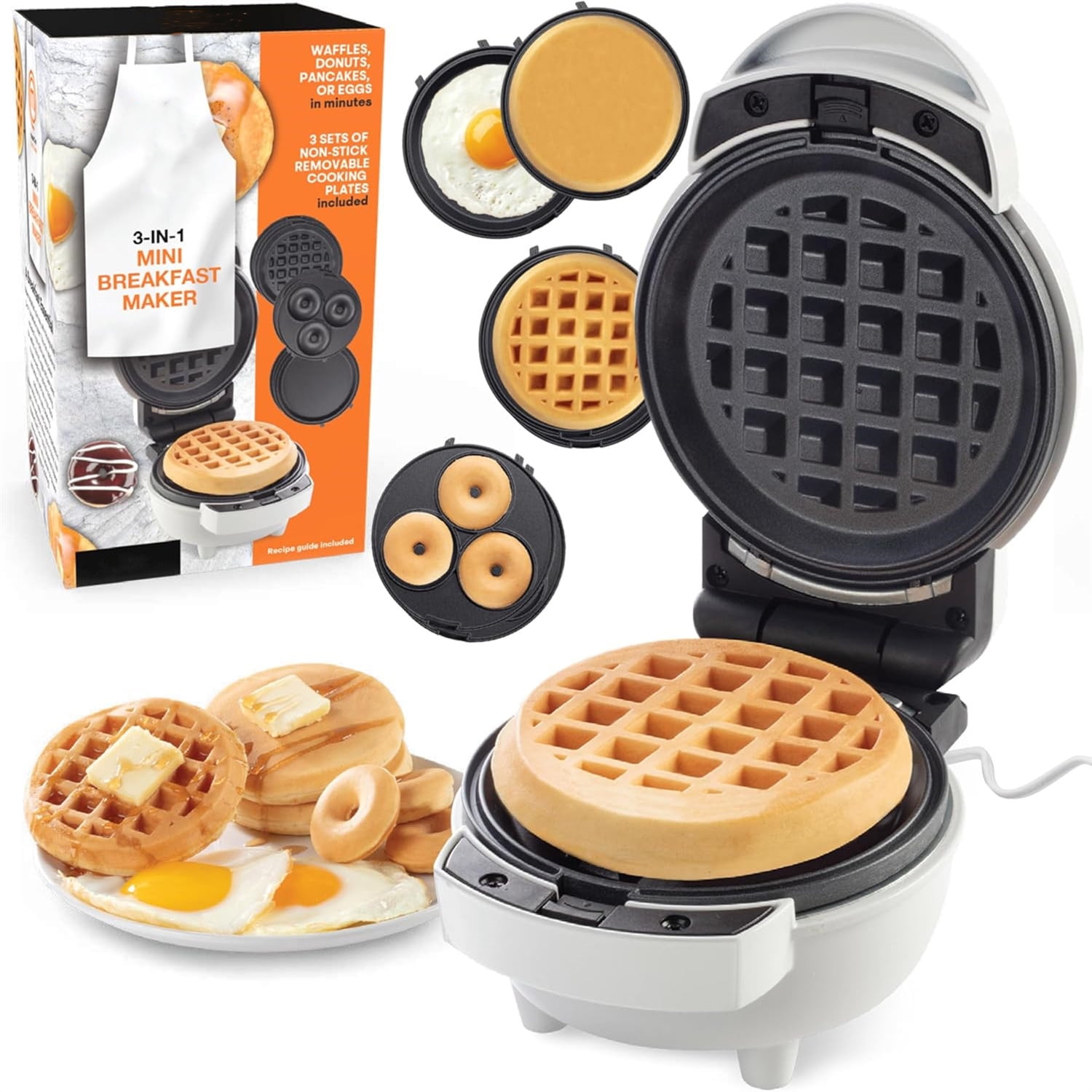 3-in-1 Mini Holiday Breakfast Maker- Make Eggs Pancakes Donuts Waffles & More in 1 Easy to Use Appliance! 3 Removable NonStick Cooking Plates for Quick Cleaning Storing- Compact Cooker Gift