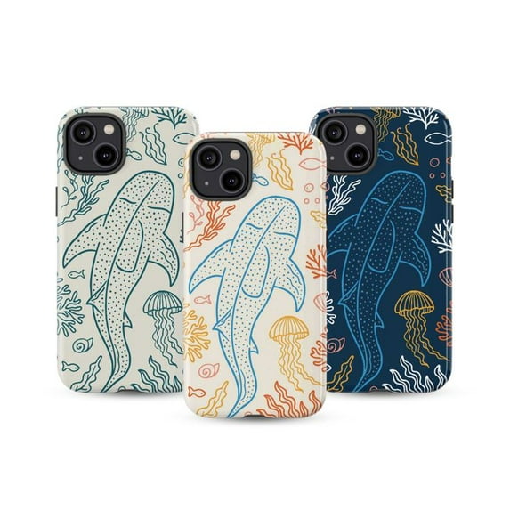 3 in 1 Minimal Whale Shark Phone Case Set, Ocean Line Art Coral Jellyfish Sea Life Phone Cover for iPhone 16 15 14 13 12 11 Pro Max Plus Mini
