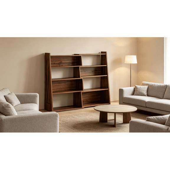 3-in-1 Modular Bookshelf, Asymmetrical Open Display Rack, Adjustable Staggered Storage Shelves for Living Room & Home Office, Walnut