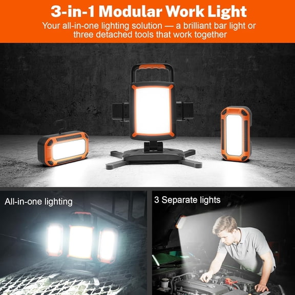 3-in-1 Modular Rechargeable Work Light, 50W 5000LM Portable LED Work Lights with Detachable Dual Side Lights, 9 Modes, 360    Rotation, Magnetic Base & Hooks for Workshop Jobsite Repair Camping