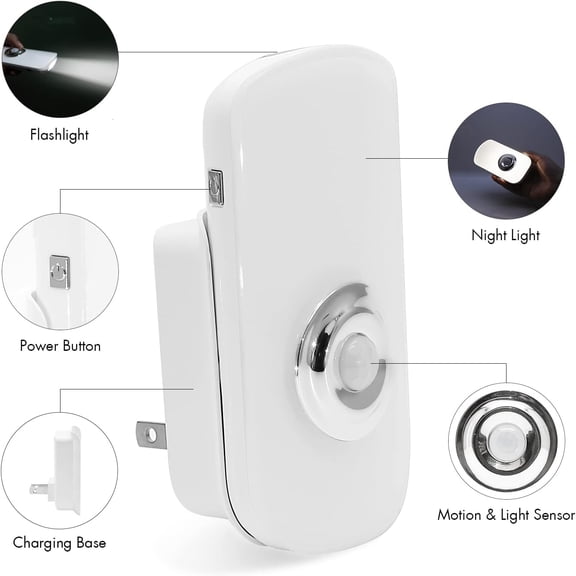 3-in-1 Motion Sensor Night Light Plug-in, Rechargeable Flashlight, Emergency Light for Bedroom, Bathroom, Living Room, Stairs, Hallway - Cool White