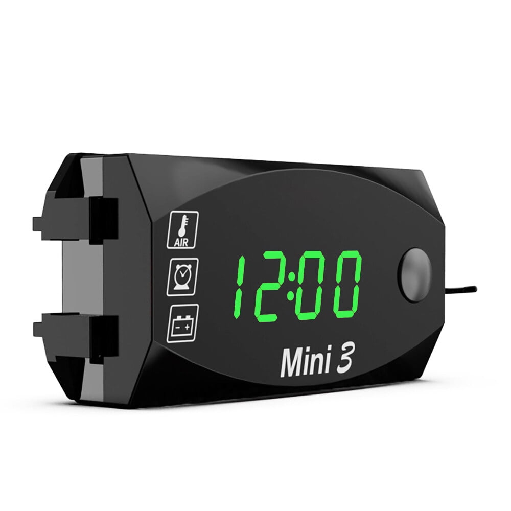 3 in 1 Motorcycle Meter LED Digital Time Clock Thermometer Voltage Voltmeter Waterproof Battery Monitor Gauge 6-30V for Car Marine Boat Motorcycle