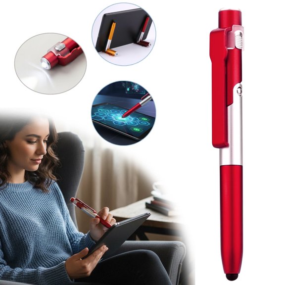 3-in-1 Multi-Function Universal Touch Screen Pen,Heavy-Duty Capacitive Touch Screen Ballpoint Pens with LED Light,Foldable Phone Holder Stand for Smartphones,Tablets,and More,0.43x5.39 inch (Red)