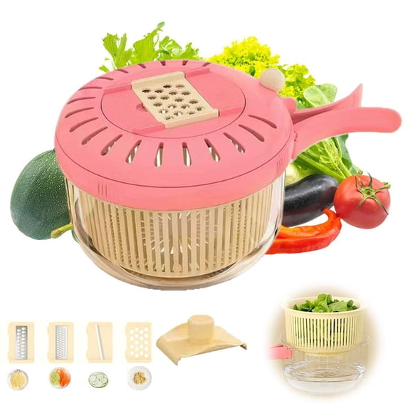 3-in-1 Multi-Function Vegetable Chopper & Spinner – 4 Interchangeable Cutters for Shredding, Slicing & Grating, Built-in Salad Spinner with Sink-Direct Drain, Hand Guard for Safety(pink)