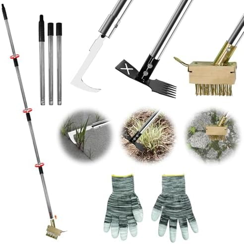 3-in-1 Multi-Function Weed Puller Tool Set - Crack Weeder, Moss Scraper Brush & Hoe Head, Interchangeable Adjustable Long Handle - Manual Remover for Driveways, Patios, Garden Cracks | Garden & Patio