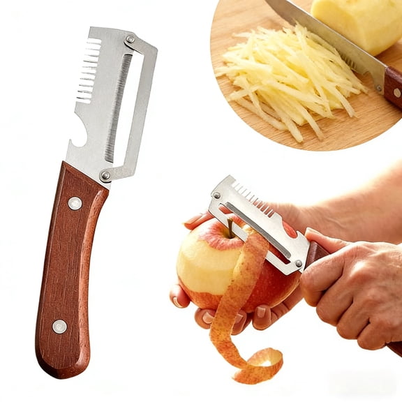 3-in-1 Multi-Functional Kitchen Tool with Bottle Opener and Green Onion Shredder, Stainless Steel Vegetable Peeler with Wooden Handle for Home Kitchen