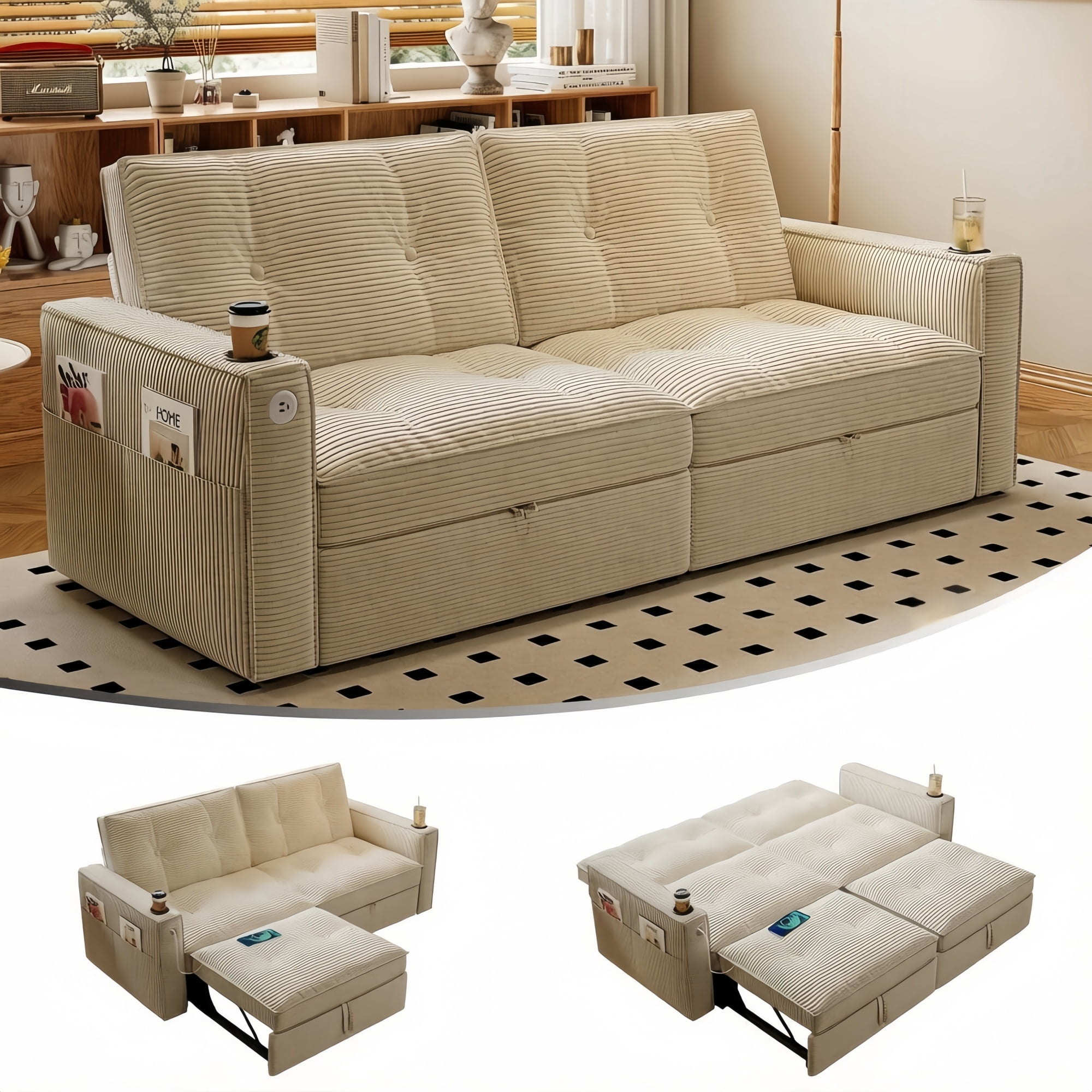 3-in-1 Multi-Functional Sleeper Sofa Bed, Upholstered Corduroy Convertible Loveseat Lounge, Indoor Daybed for Living Rooms/Bedrooms