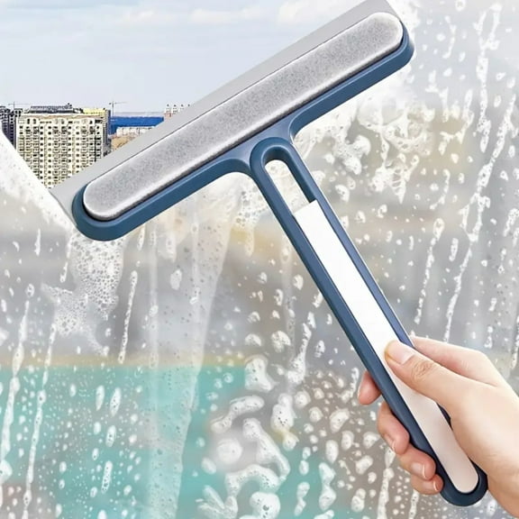 3-in-1 Multi-Purpose Glass Cleaning Brush with Handle | Window Track & Sliding Door Grime Remover | 10.4 Inch Nylon Bristle Brush & Squeegee for Kitchen Cleaning