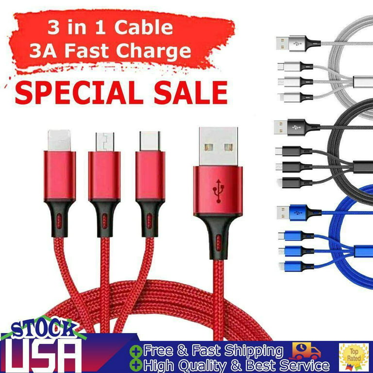 3 in 1 Multi USB Charger Charging Cable Cord For Type C Android Micro iPhone
