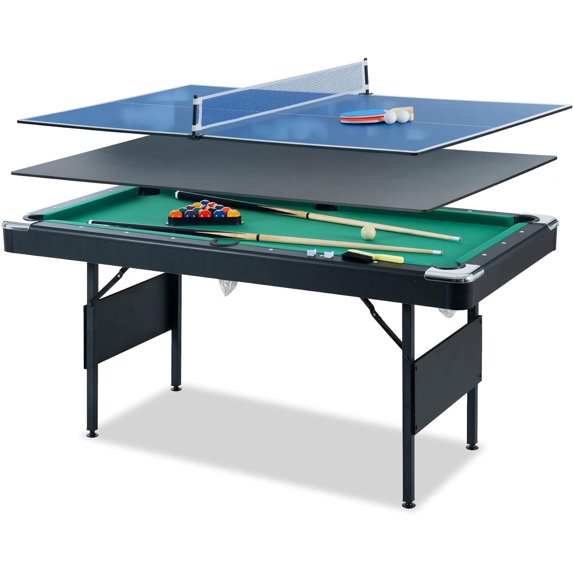 3-in-1 Multifunctional Game Table with Pool Table, Table Tennis Table and Dining Table, Indoor Game Table for Adults and Children, Folding Pool Table with Complete Accessories, Green