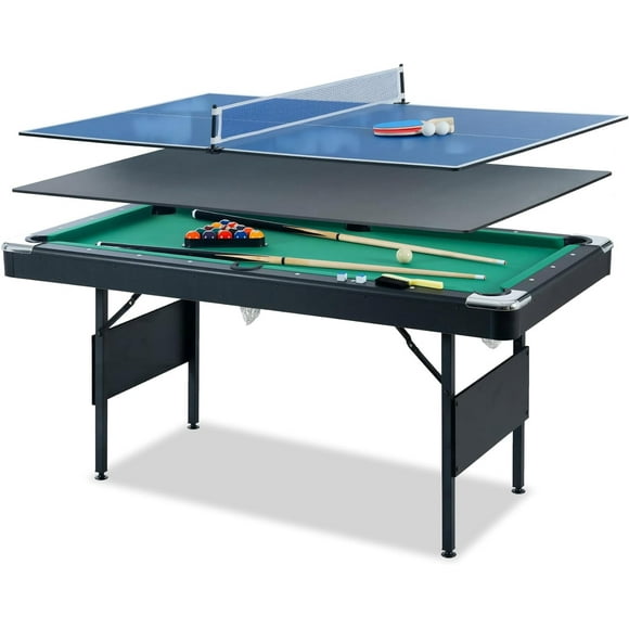 3-in-1 Multifunctional Game Table with Pool Table, Table Tennis Table and Dining Table, Indoor Game Table for Adults and Children, Folding Pool Table with Complete Accessories, Green