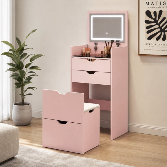 3‑in‑1 Multifunctional Makeup Vanity Dressing Table Set with Stool Flip‑Top HD Mirror with 3‑Color Lights 2 Sliding Drawers Hidden Storage Stool, Modern Bedroom Vanity Desk for Cosmetic Jewelry Org