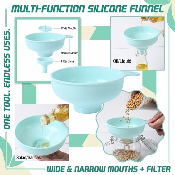 3-in-1 Multifunctional Plastic Funnel, Wide & Narrow Mouth Kitchen Funnel with Detachable Strainer, Large Diameter Funnel for Liquid, Powder, Oil, Sauce, Jam, Household Use
