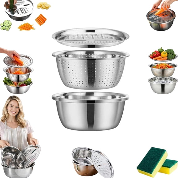 3-in-1 Multifunctional Stainless Steel Basin – Fast Prep Slicer Bowl with Fine Strainer & Julienne Peeler, Colander Rice Rinser for Vegetables & Fruits