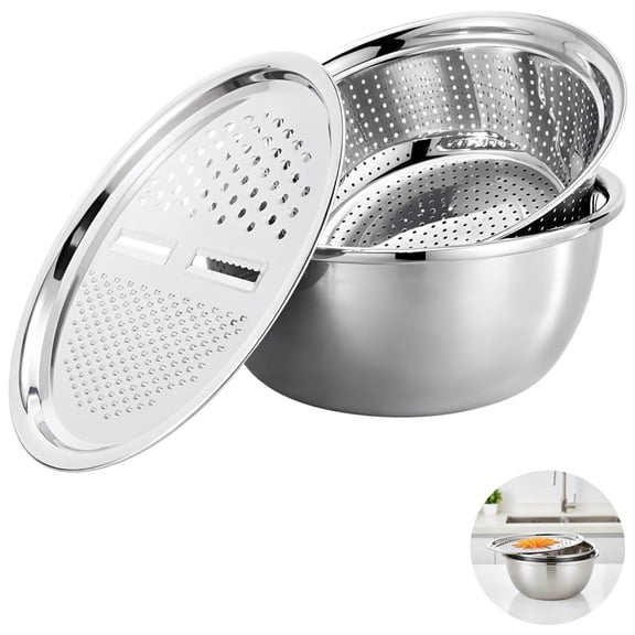 3-in-1 Multifunctional Stainless Steel Basin Set, Thickened Kitchen Colander with Grater, Drain & Solid Mixing Bowl, 11 in Diameter, Silver Food Prep Basin for Washing Vegetables, Slicing & Draining